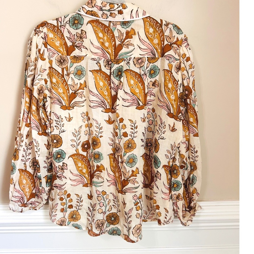 Spartina 449 Claudette Woven Blouse Size L Mercer House Woodblock Floral Cream - Picture 3 of 9